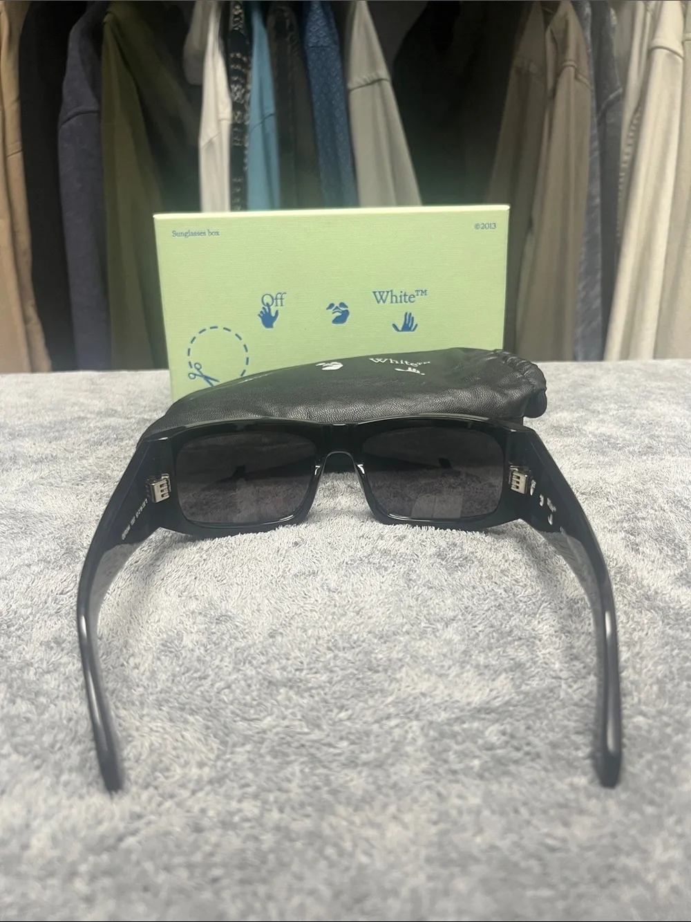 Off-White Black Rectangular Sunglasses with Black Soft Pouch and Original Box